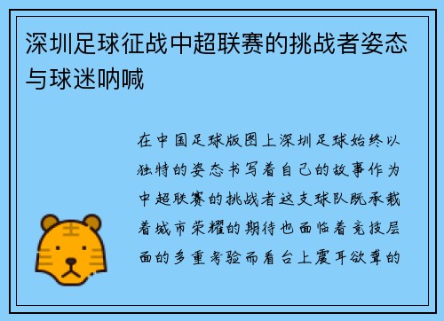 深圳足球征战中超联赛的挑战者姿态与球迷呐喊