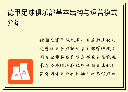 德甲足球俱乐部基本结构与运营模式介绍